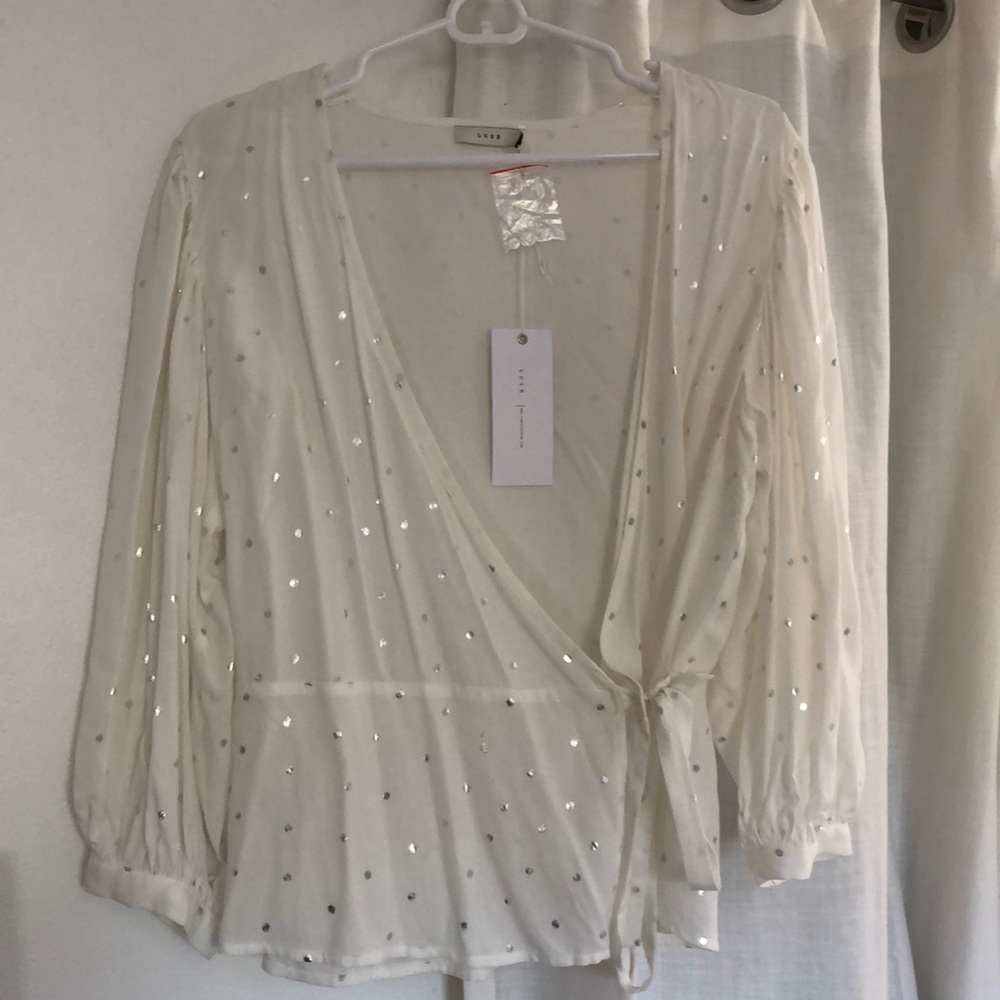 NWT Lush White Silver 3/4 Sleeve Dot Wrap Blouse